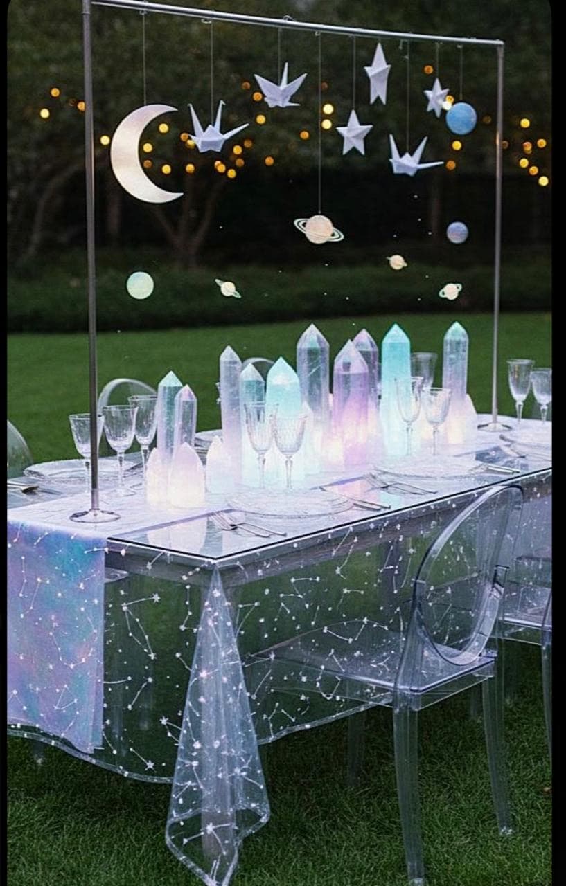 Mesa decorada con cristales y velas, temática galáctica